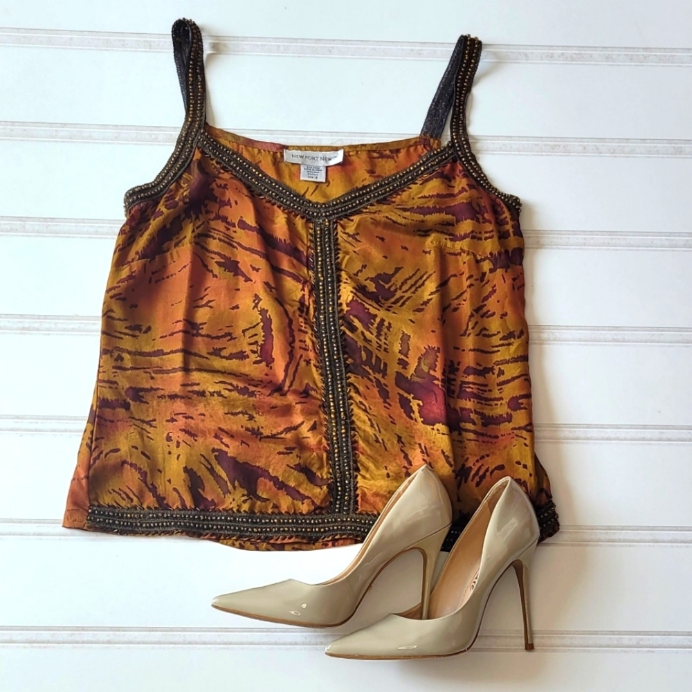 Newport News Mustard Gold and Burgundy Printed Beaded Cami Top